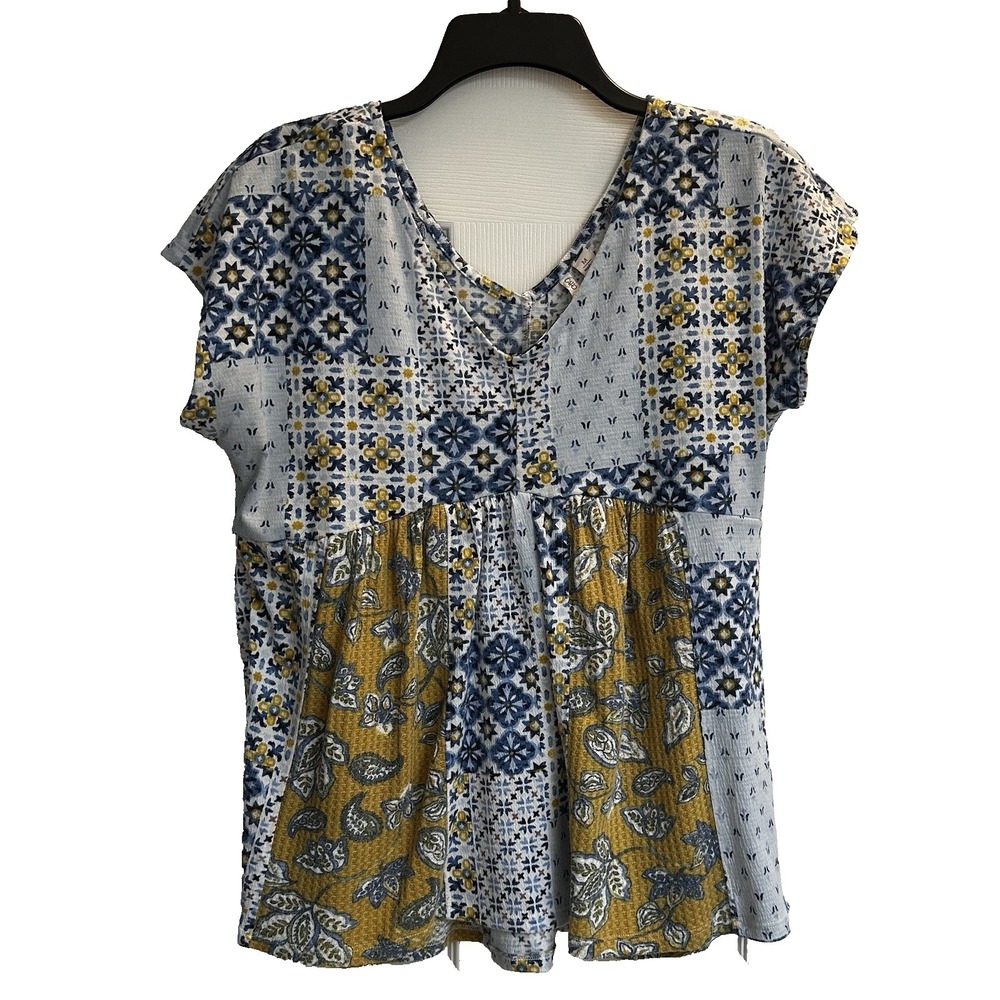 Cato Mixed Patchwork Print Babydoll Top Blue Yellow V-Neck Cap Sleeve Blouse M
